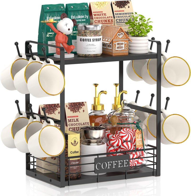 EsLuker.ly Coffee Mug Cup Holder Tree Bar Station Organizer, 2 Tier Mug Stand Rack for Countertop Kitchen, Storage Tower Display Shelf with 12 Hooks, Coffee Nook Enhancer, Black - Image 1